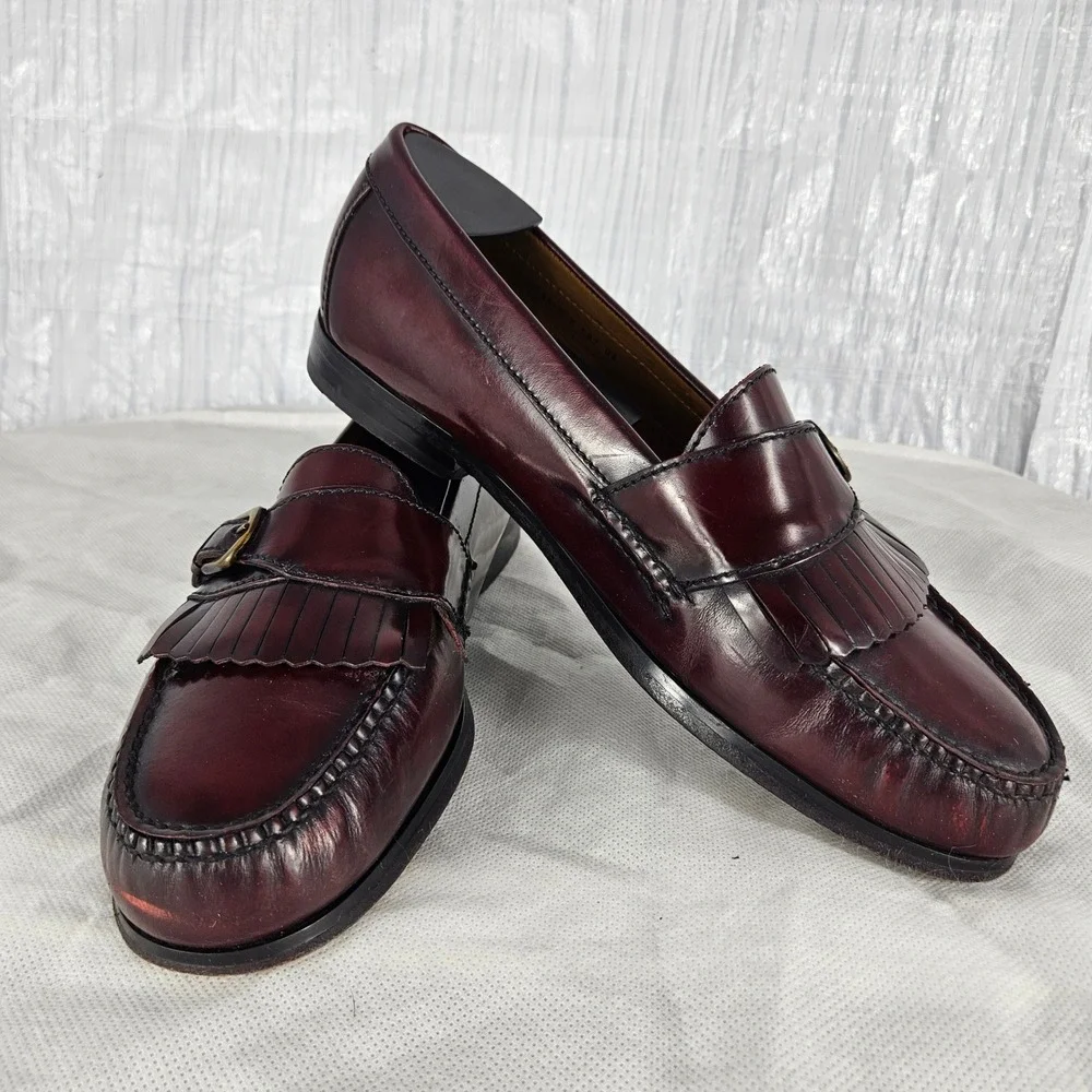 Cole Haan Men's 9D Burgundy Leather Kiltie Penny Loafers Pinch Buckle Fringe
